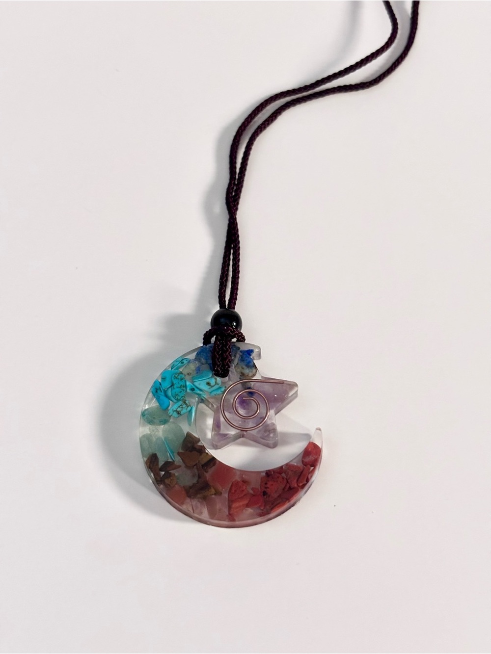 Hand Crafted Blue Green Red Crescent Moon & Star Necklace
